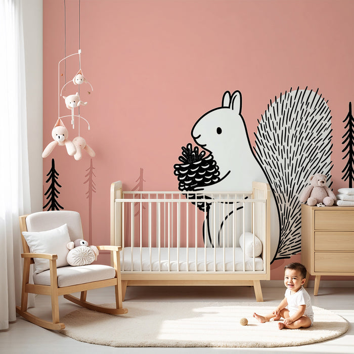 Kids room wallpaper | Cute squirrel with pine cone in a stylized forest