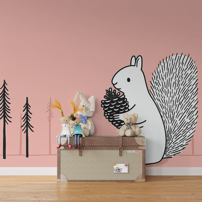 Kids room wallpaper | Cute squirrel with pine cone in a stylized forest