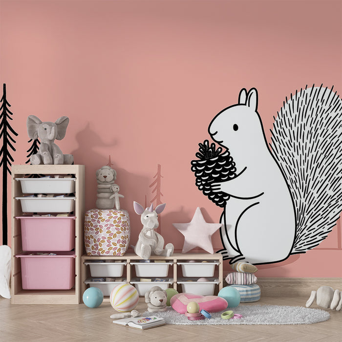 Kids room wallpaper | Cute squirrel with pine cone in a stylized forest
