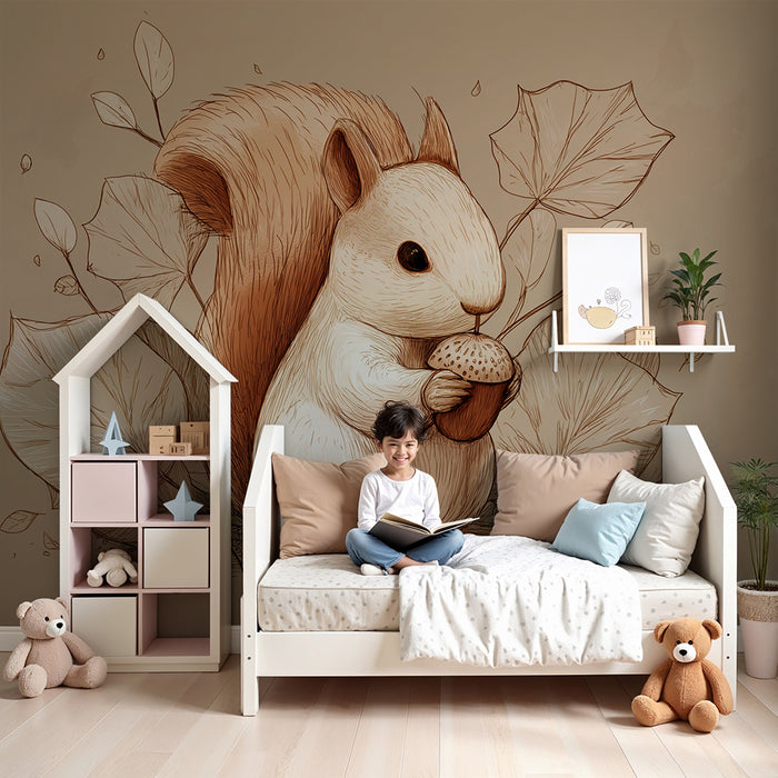 Papier peint chambre enfant | Ecureuil mignon avec gland dans un décor naturel