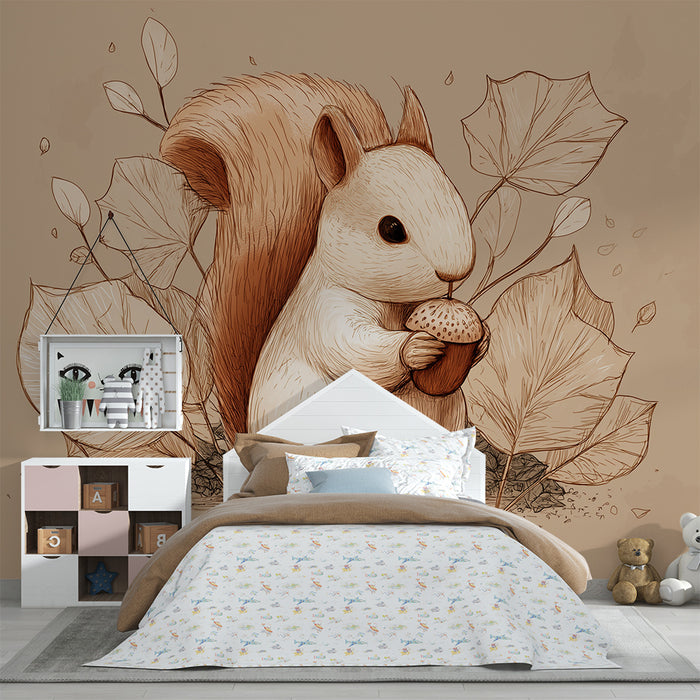 Papier peint chambre enfant | Ecureuil mignon avec gland dans un décor naturel