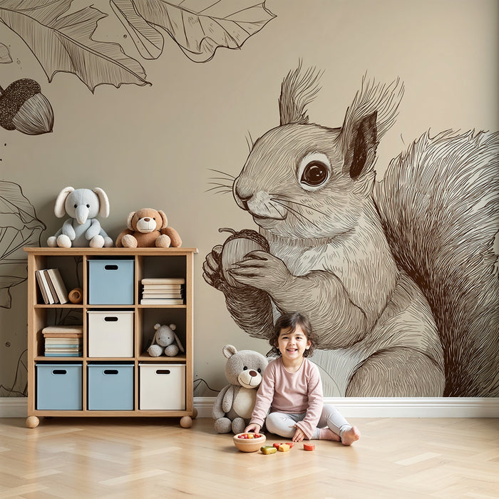 Kids room wallpaper | Cute squirrel with acorns and delicate foliage