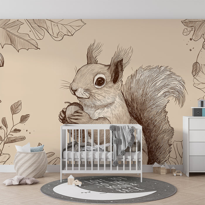 Kids room wallpaper | Cute squirrel with acorns and delicate foliage