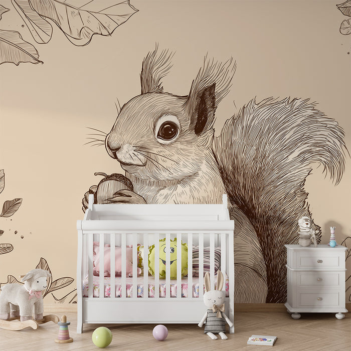 Kids room wallpaper | Cute squirrel with acorns and delicate foliage