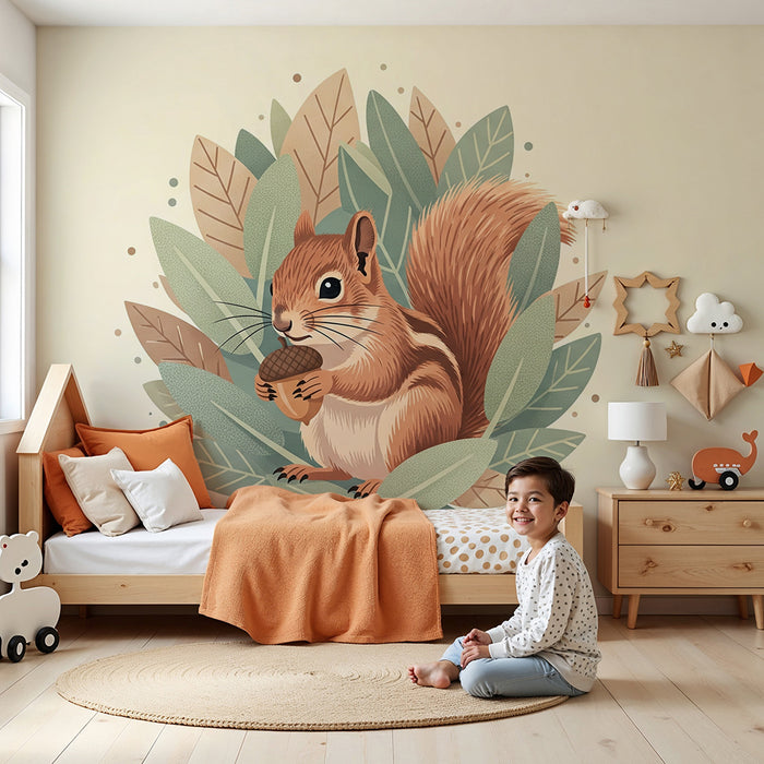 Papier peint chambre enfant | Écureuil mignon avec glands et feuillage doux
