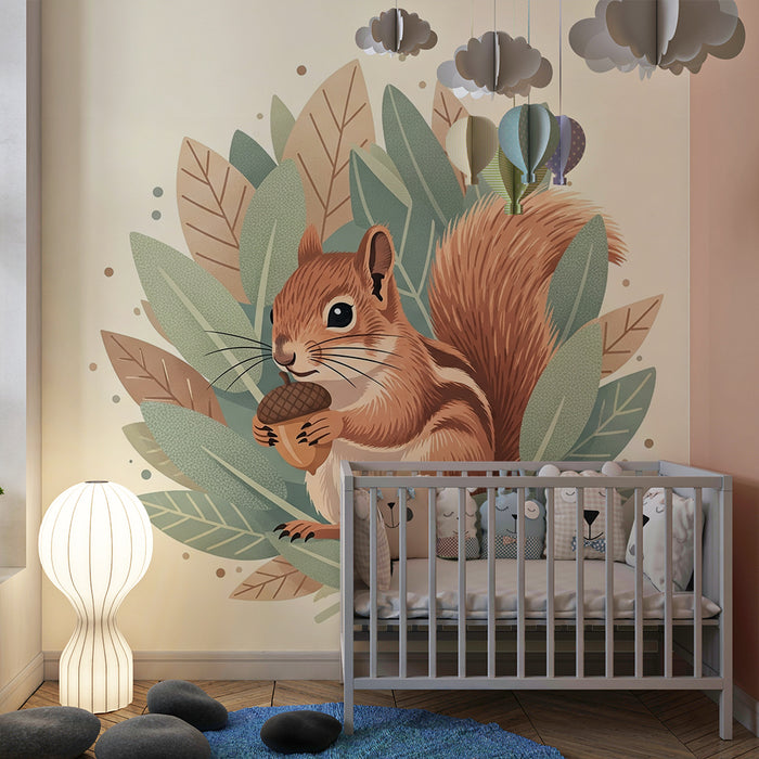 Papier peint chambre enfant | Écureuil mignon avec glands et feuillage doux