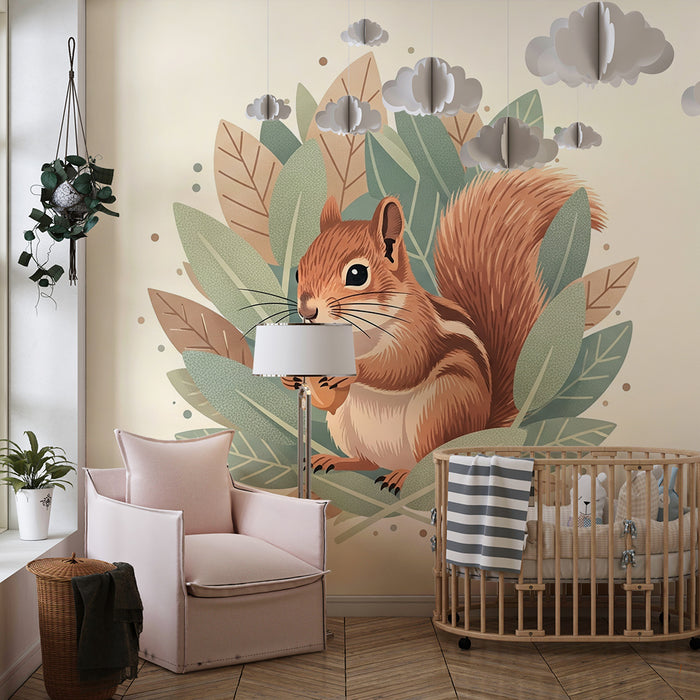 Papier peint chambre enfant | Écureuil mignon avec glands et feuillage doux