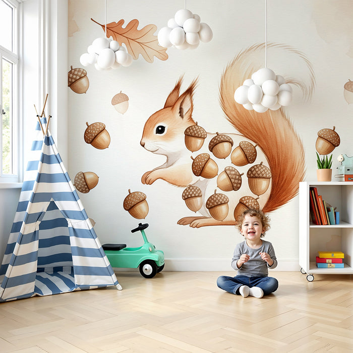 Papier peint chambre enfant | Écureuil mignon avec glands et feuilles d'automne