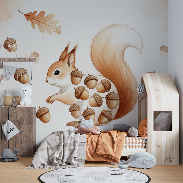 Papier peint chambre enfant | Écureuil mignon avec glands et feuilles d'automne