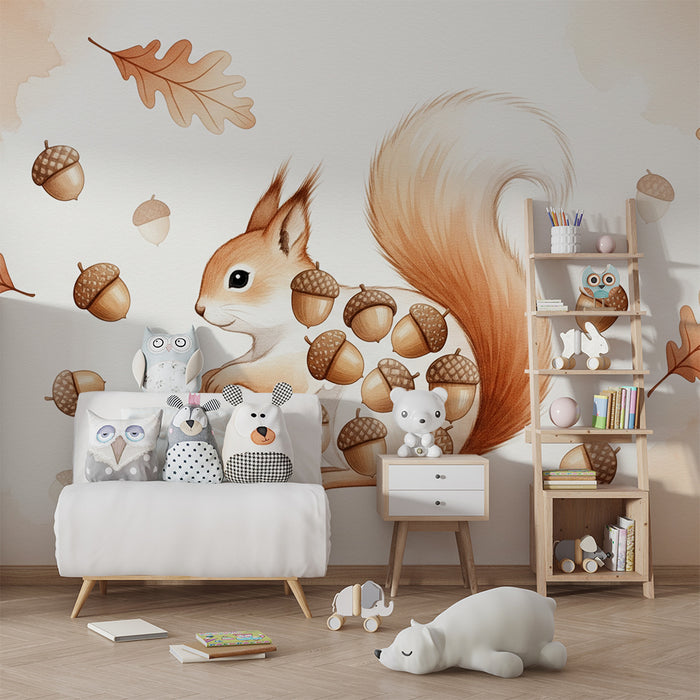 Papier peint chambre enfant | Écureuil mignon avec glands et feuilles d'automne