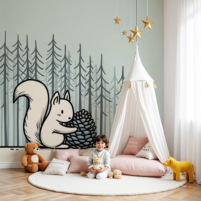 Kids room wallpaper | Cute squirrel with a pine cone in a soothing forest