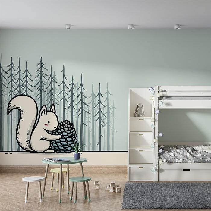 Kids room wallpaper | Cute squirrel with a pine cone in a soothing forest