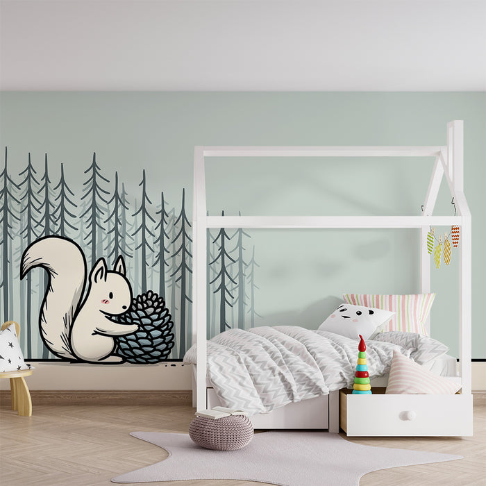 Kids room wallpaper | Cute squirrel with a pine cone in a soothing forest