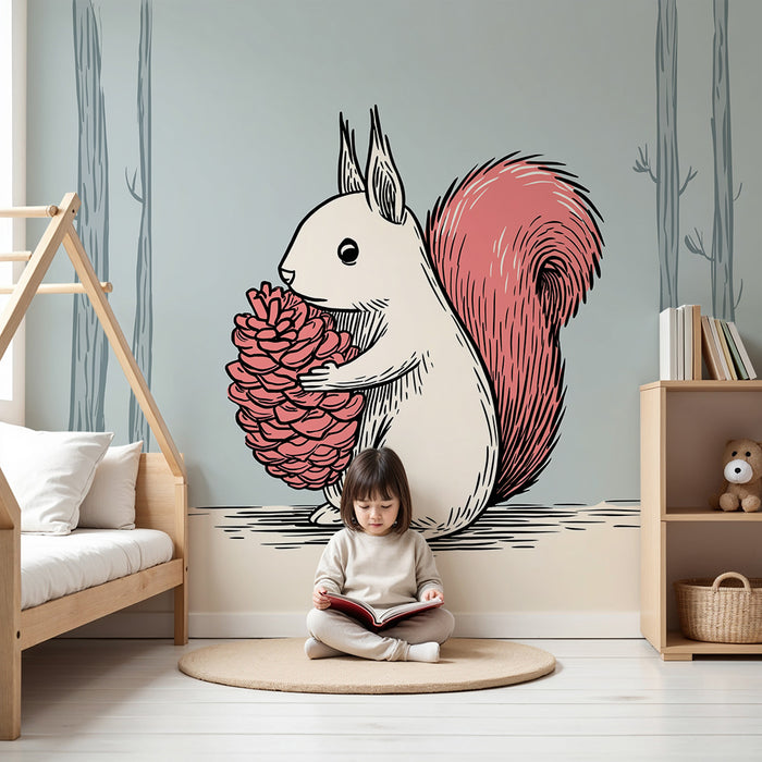 Gyermekszoba tapéta | Aranyos mókus egy fenyőtobozzal egy édes erdőben