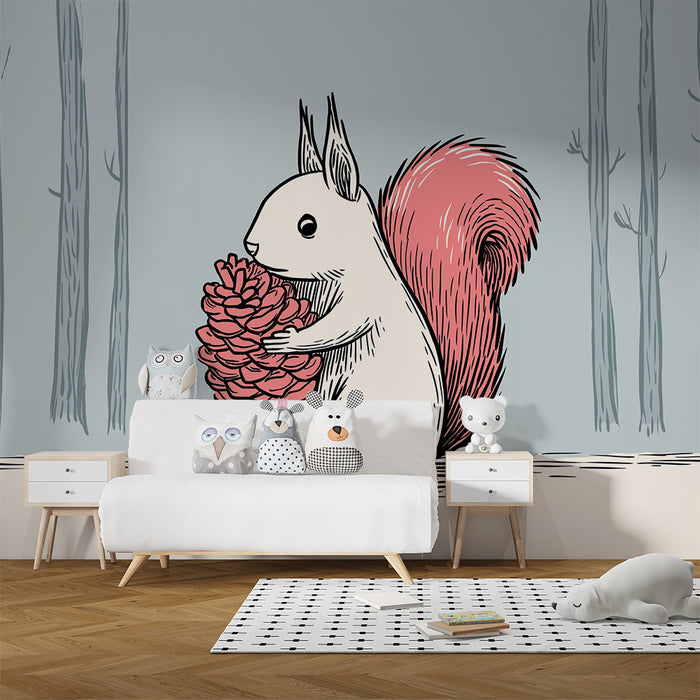 Gyermekszoba tapéta | Aranyos mókus egy fenyőtobozzal egy édes erdőben