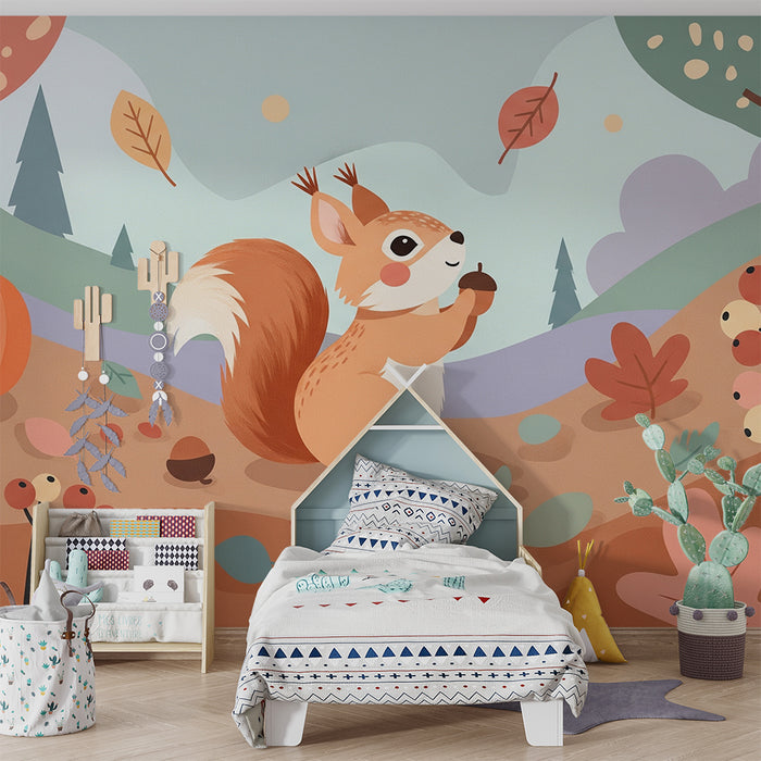 Kids room wallpaper | Arms squirrel in an autumnal landscape