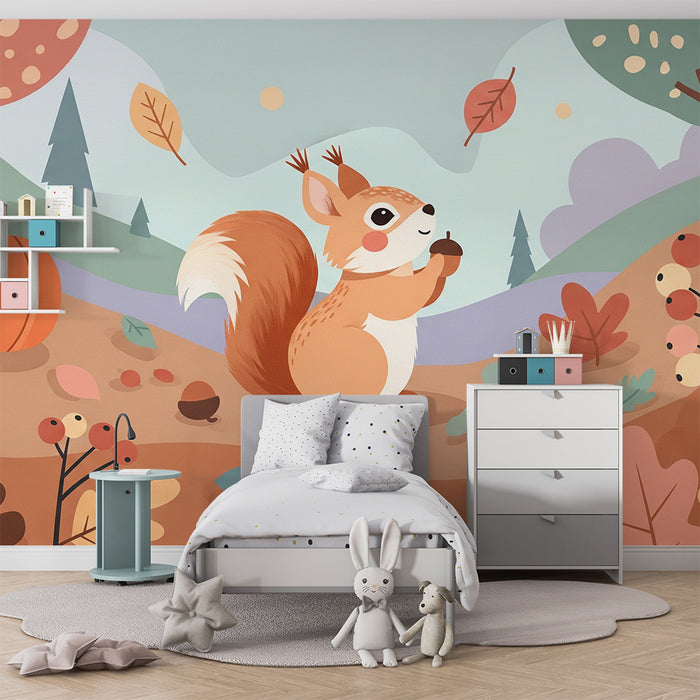 Kids room wallpaper | Arms squirrel in an autumnal landscape