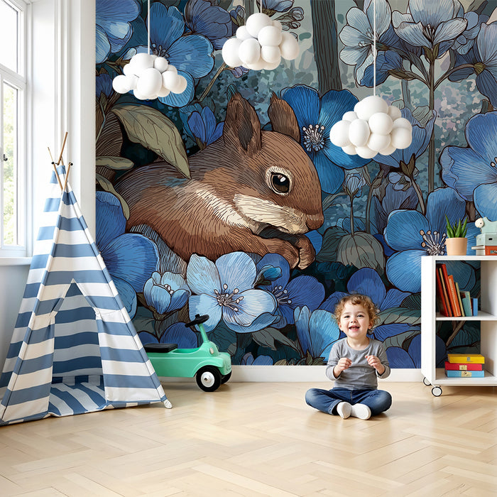 Kids room wallpaper | Armsik orav ümbritsetud õrnadest sinistest lilledest