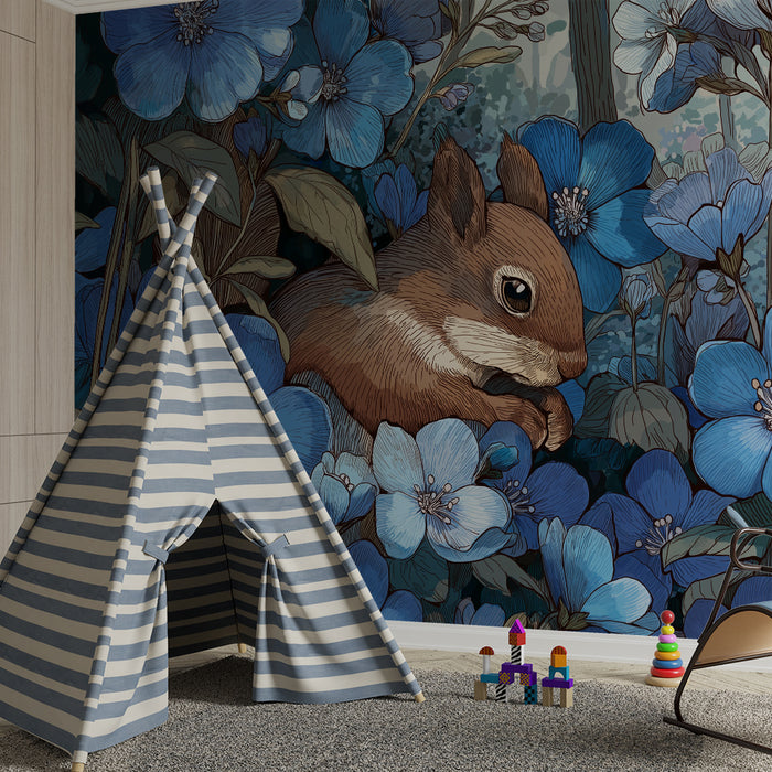 Kids room wallpaper | Armsik orav ümbritsetud õrnadest sinistest lilledest