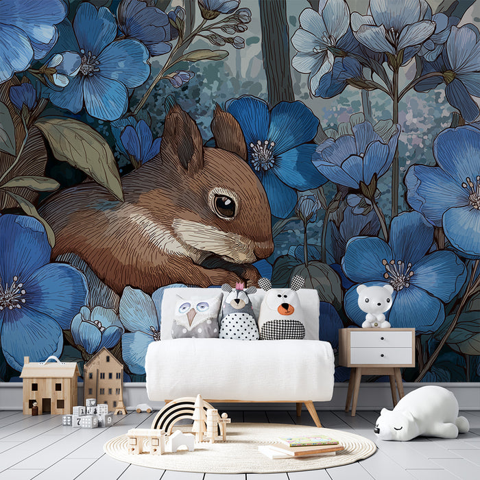 Kids room wallpaper | Armsik orav ümbritsetud õrnadest sinistest lilledest