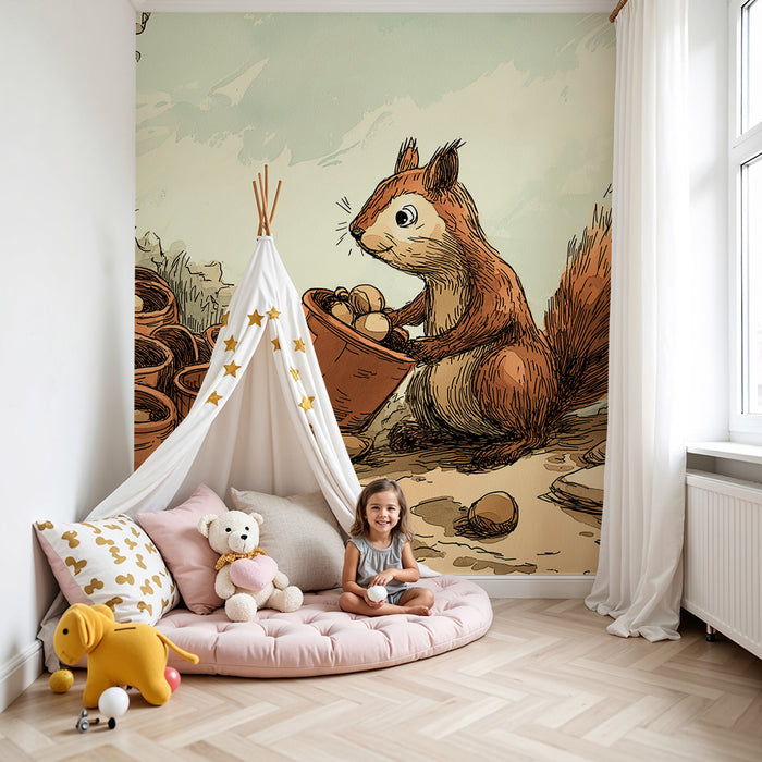 Papier peint chambre enfant | Écureuil mignon et pots de noisettes dans la nature