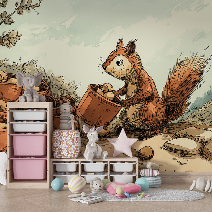 Papier peint chambre enfant | Écureuil mignon et pots de noisettes dans la nature