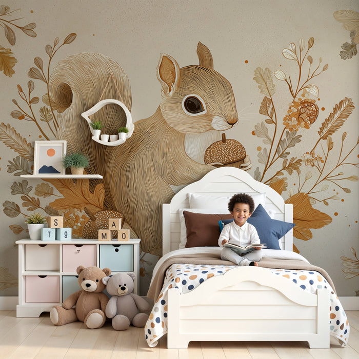 Kinderkamer behang | Schattige eekhoorn tussen herfstbladeren
