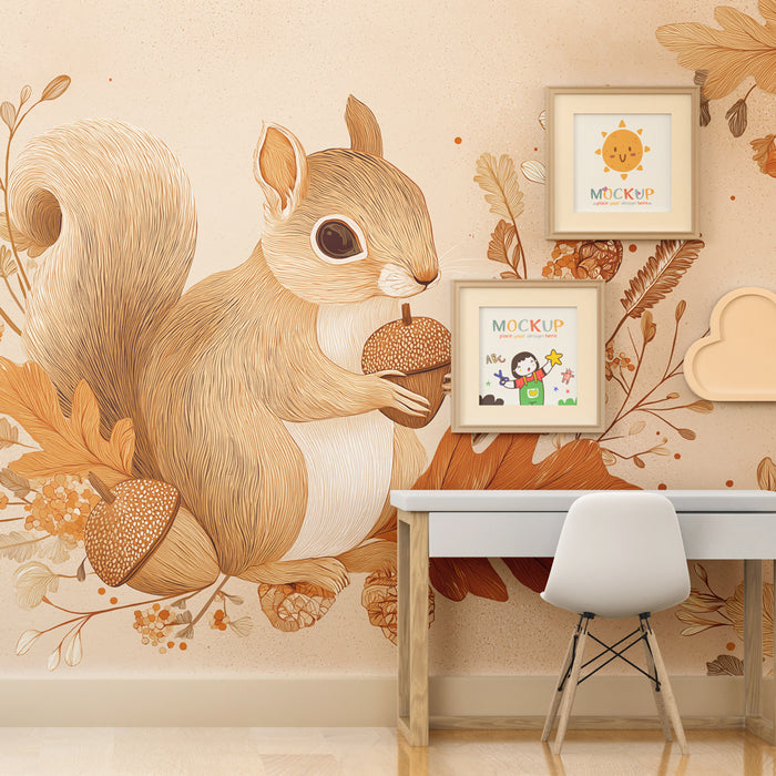 Kinderkamer behang | Schattige eekhoorn tussen herfstbladeren