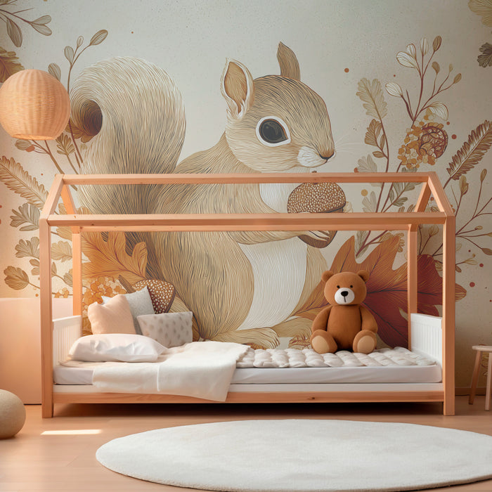 Kinderkamer behang | Schattige eekhoorn tussen herfstbladeren
