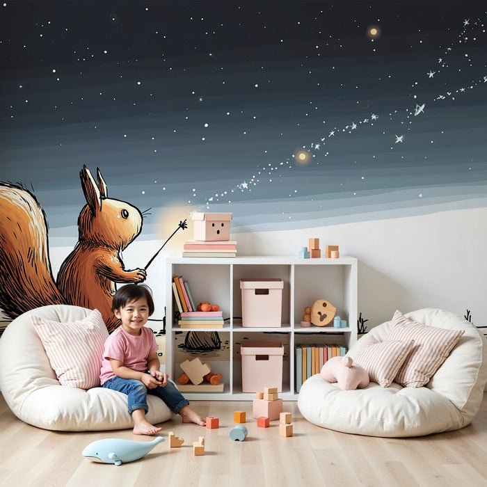 Papier peint chambre enfant | Écureuil rêveur avec sa baguette étoilée