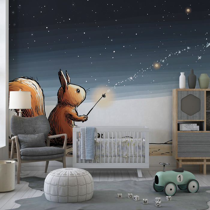 Papier peint chambre enfant | Écureuil rêveur avec sa baguette étoilée
