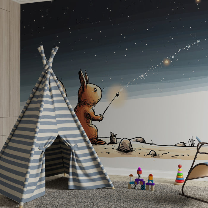 Papier peint chambre enfant | Écureuil rêveur avec sa baguette étoilée
