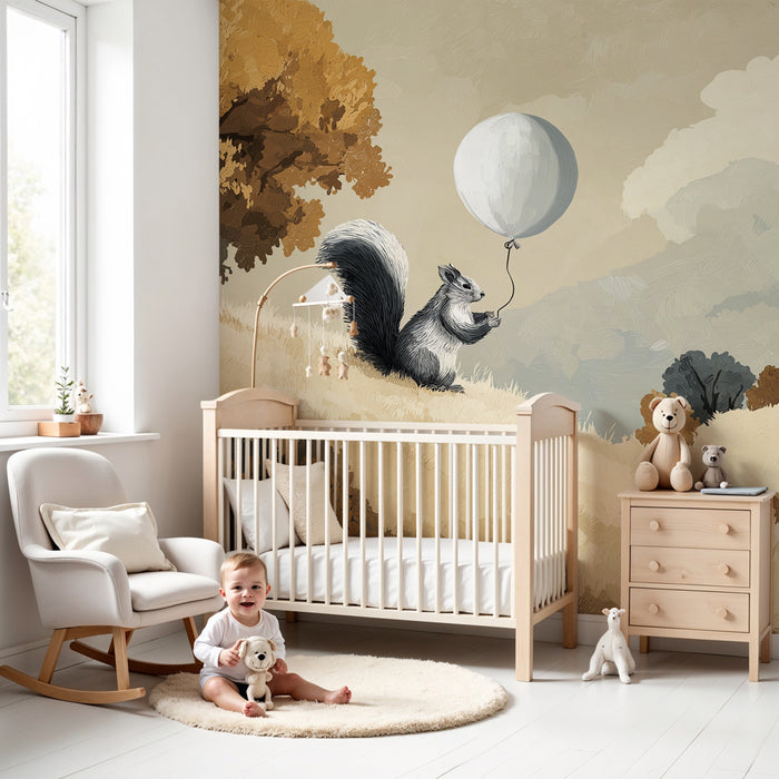Papier peint chambre enfant | Écureuil rêveur avec un ballon