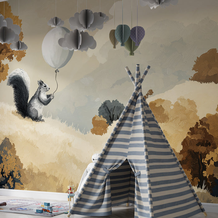 Papier peint chambre enfant | Écureuil rêveur avec un ballon