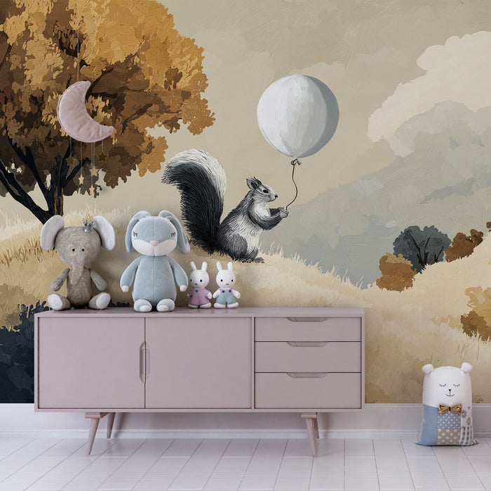 Papier peint chambre enfant | Écureuil rêveur avec un ballon