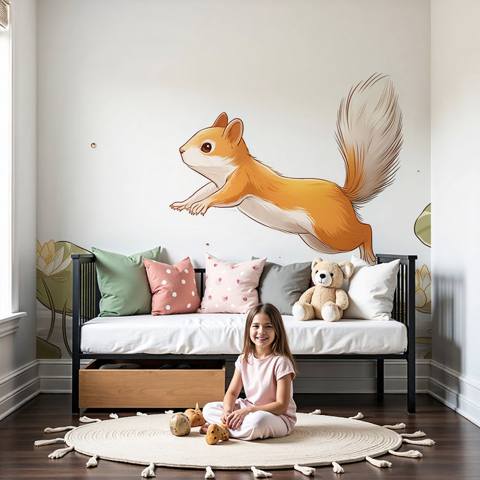 Papier peint chambre enfant | Écureuil sautant au-dessus des nénuphars