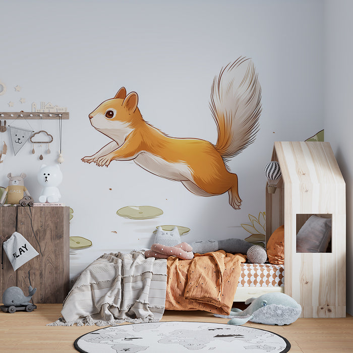 Papier peint chambre enfant | Écureuil sautant au-dessus des nénuphars