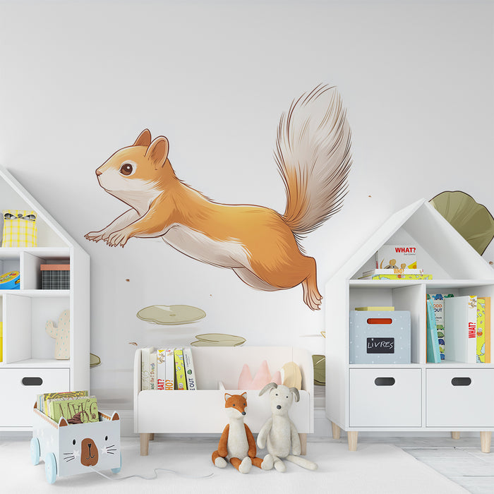 Papier peint chambre enfant | Écureuil sautant au-dessus des nénuphars