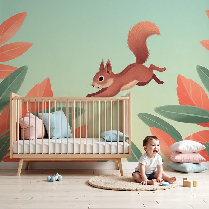 Papel de parede criança | Esquilo pulando no meio de folhagens coloridas