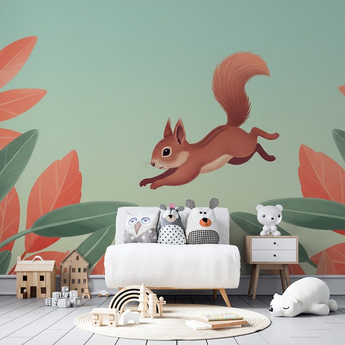 Papel de parede criança | Esquilo pulando no meio de folhagens coloridas