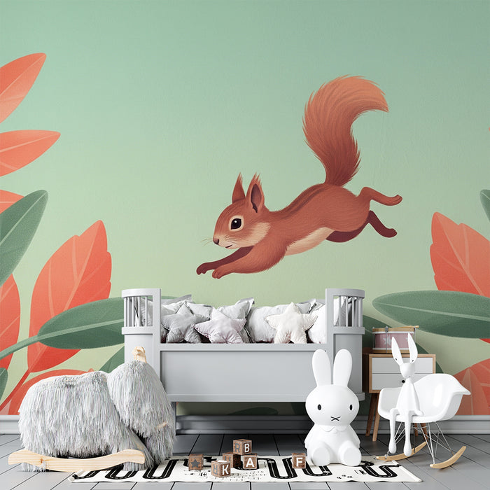 Papel de parede criança | Esquilo pulando no meio de folhagens coloridas