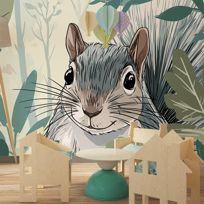 Kids room wallpaper | Naeratav orav keset taimestikku