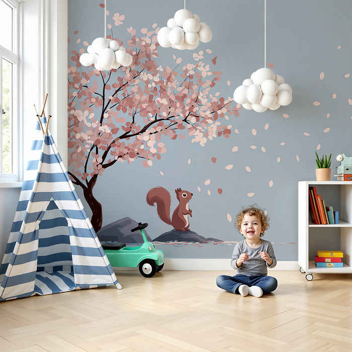 Kinderzimmer Tapete | Eichhörnchen unter blühender Kirschbaum