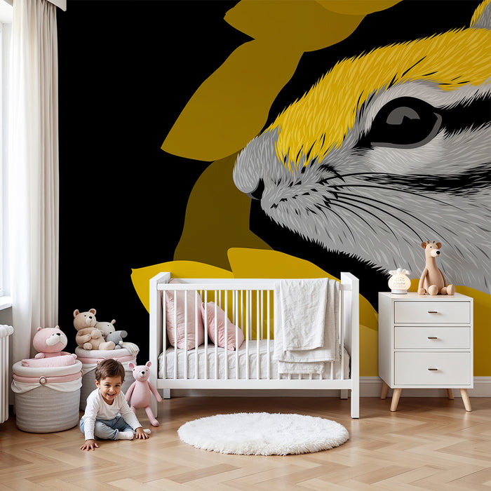 Papier peint chambre enfant | Écureuil stylisé entouré de fleurs jaunes