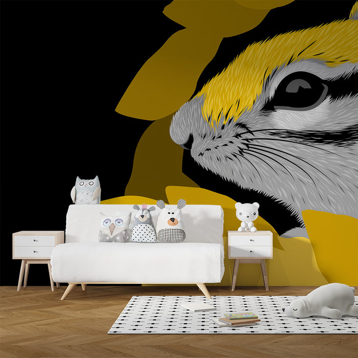 Papier peint chambre enfant | Écureuil stylisé entouré de fleurs jaunes