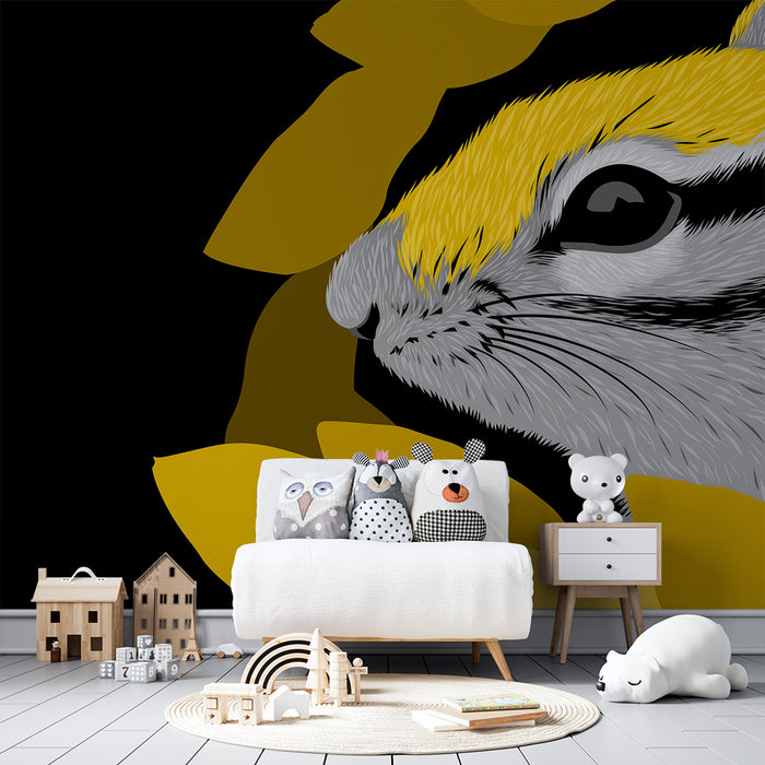 Papier peint chambre enfant | Écureuil stylisé entouré de fleurs jaunes