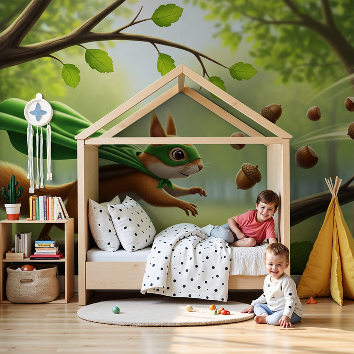 Kinderzimmer Tapete | Superheld Eichhörnchen in einem verzauberten Wald
