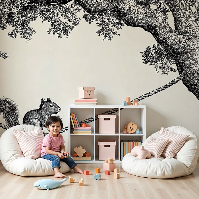 Kids room wallpaper | Squirrel on a rope suspended between trees