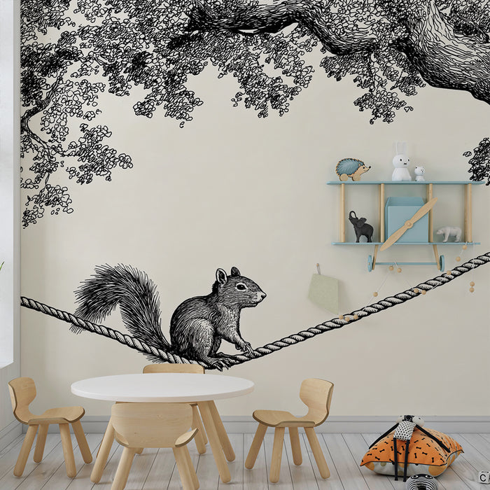 Kids room wallpaper | Squirrel on a rope suspended between trees