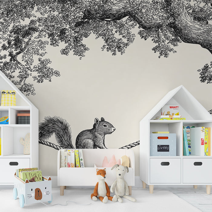 Kids room wallpaper | Squirrel on a rope suspended between trees